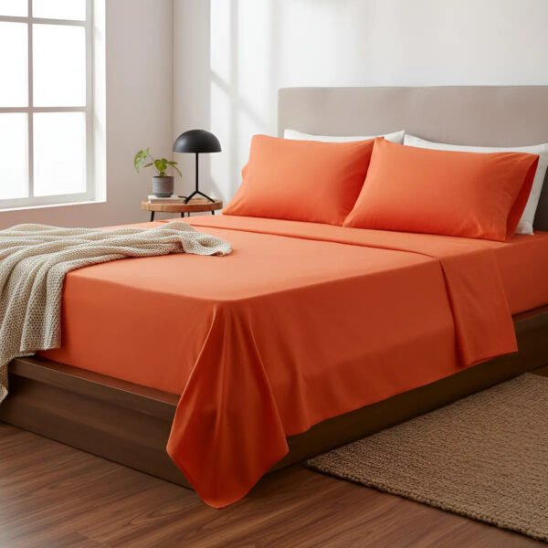 Juego De Sabanas Queen Size 200 Hilos 160 X 200 + 30 Hotel Naranja Liso